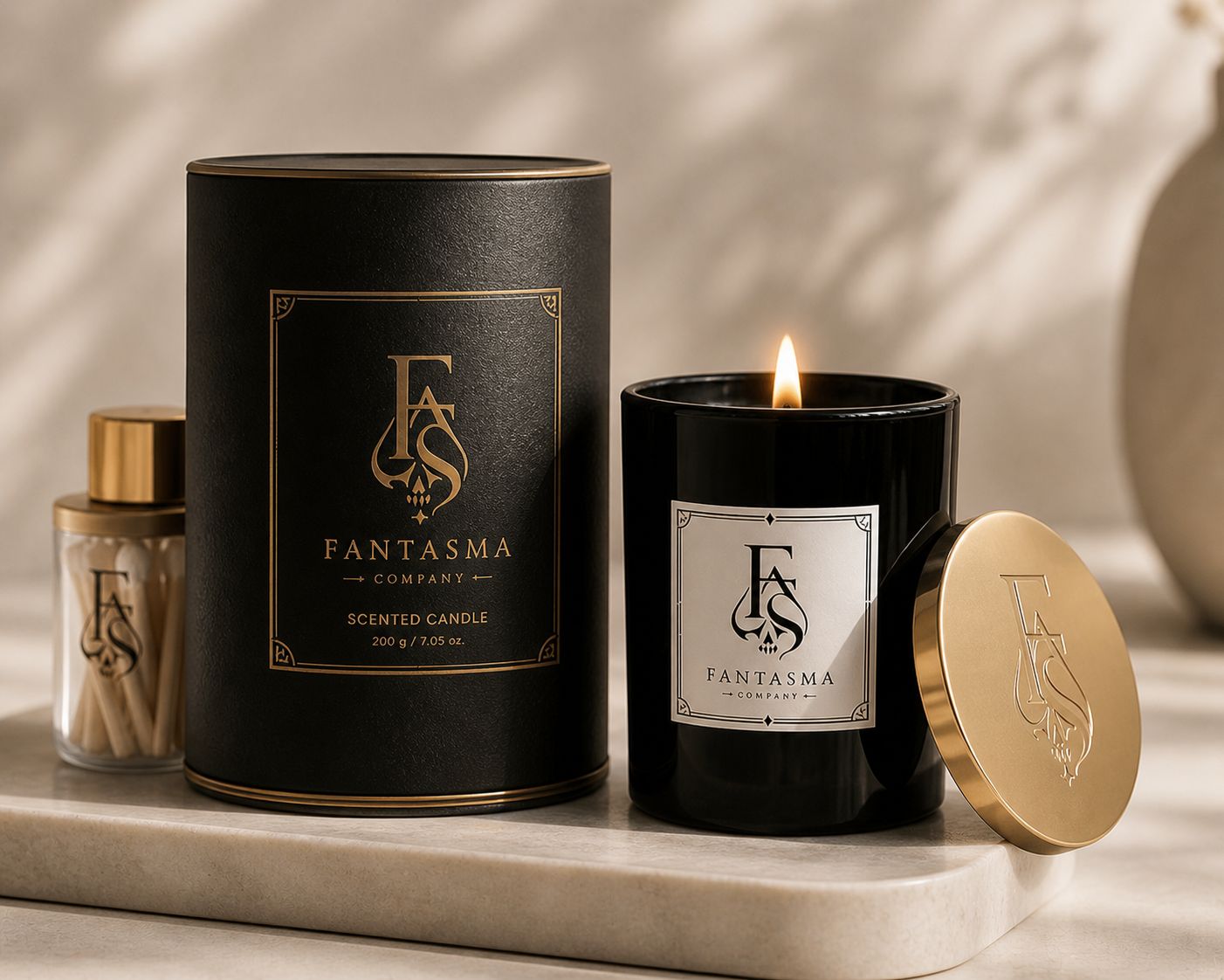 Fantasma black scented candle with gold lid and match vial.